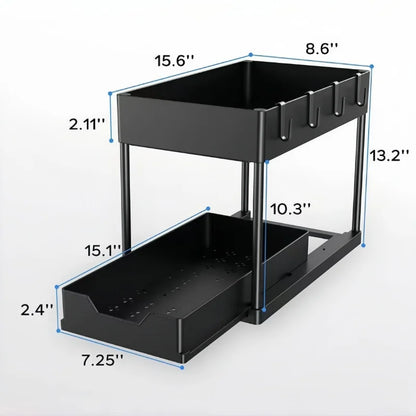 Under Sink Organizer 2 Tier Pull Out Drawer 5 Hooks Non-Slip Stable Multipurpose Rack for Kitchen & Bathroom
