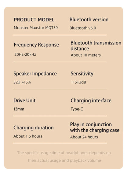 Monster MQT39 Wireless Bluetooth 6.0 Earphones TWS Hifi Stereo Headphones Noise Reduction Gaming Earbuds Sports Headset With Mic