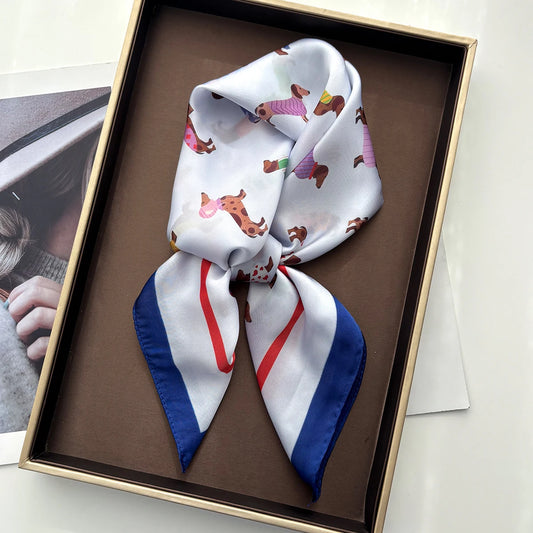 Imitation Silk Scarves Bandanas Cotton Dog Printed Square Scarf For Women StylishLuxury Hijab Neckerchief Elegant Shawl Wraps