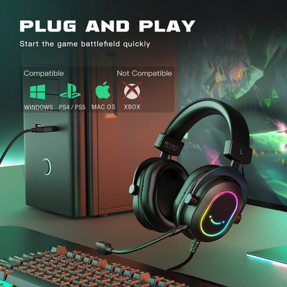 FIFINE USB Gaming Headset with 7.1 Surround Sound/Line Control/3EQ Mode,RGB Headphone with Mic,Plug and Play,for PC/PS5 -H6