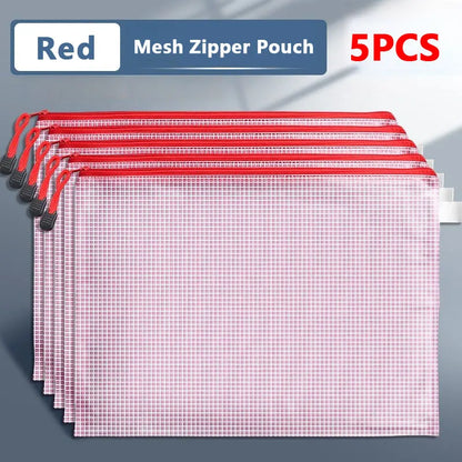 5PCS A3/A4/A5/A6 Mesh Zipper Pouch Document Bag Waterproof Zip File Folders Pencil Case Storage Bags School Office Supplies