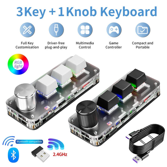 2.4G Bluetooth 3 Keys 1 Knob Customize Keyboard Macro Mechanical Keyboard Hot Swap Mini Keypad E-sports Game Copy Paste Shortcut