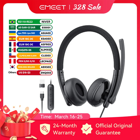 EMEET Wired Headset with Microphone Call Center USB Headphones ENC Noise Cancelling Office Cable Earphones for Phone/PC Computer