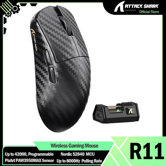 ATTACK SHARK R11 ULTRA 49g Carbon Fiber 8000Hz Wireless Gaming Mouse, 42000 DPI, 20000 FPS, PAW3950MAX, Nordic 52840 Chip
