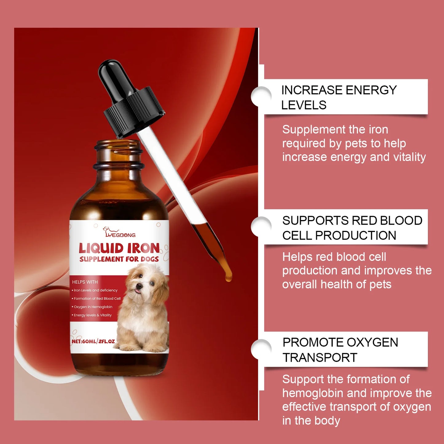 60ml Dog Iron Supplement Liquid Syrup – Gentle Fast-Absorb Boosts Hemoglobin, Red Blood Cell Count & Energy Vitality