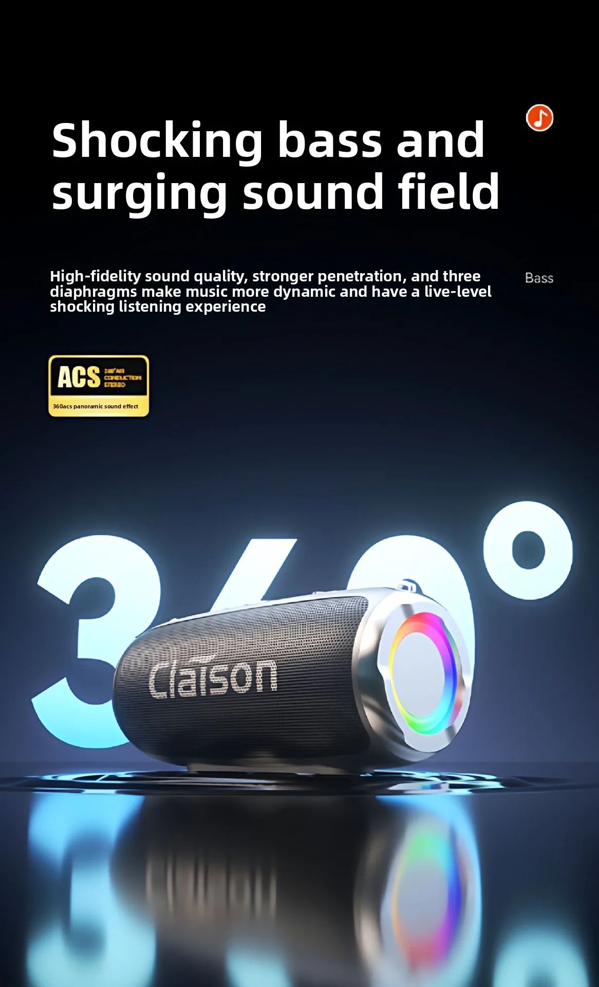 Portable Waterproof Bluetooth Speaker with Bass Stereo Sound LED Light Wireless Outdoor Speaker