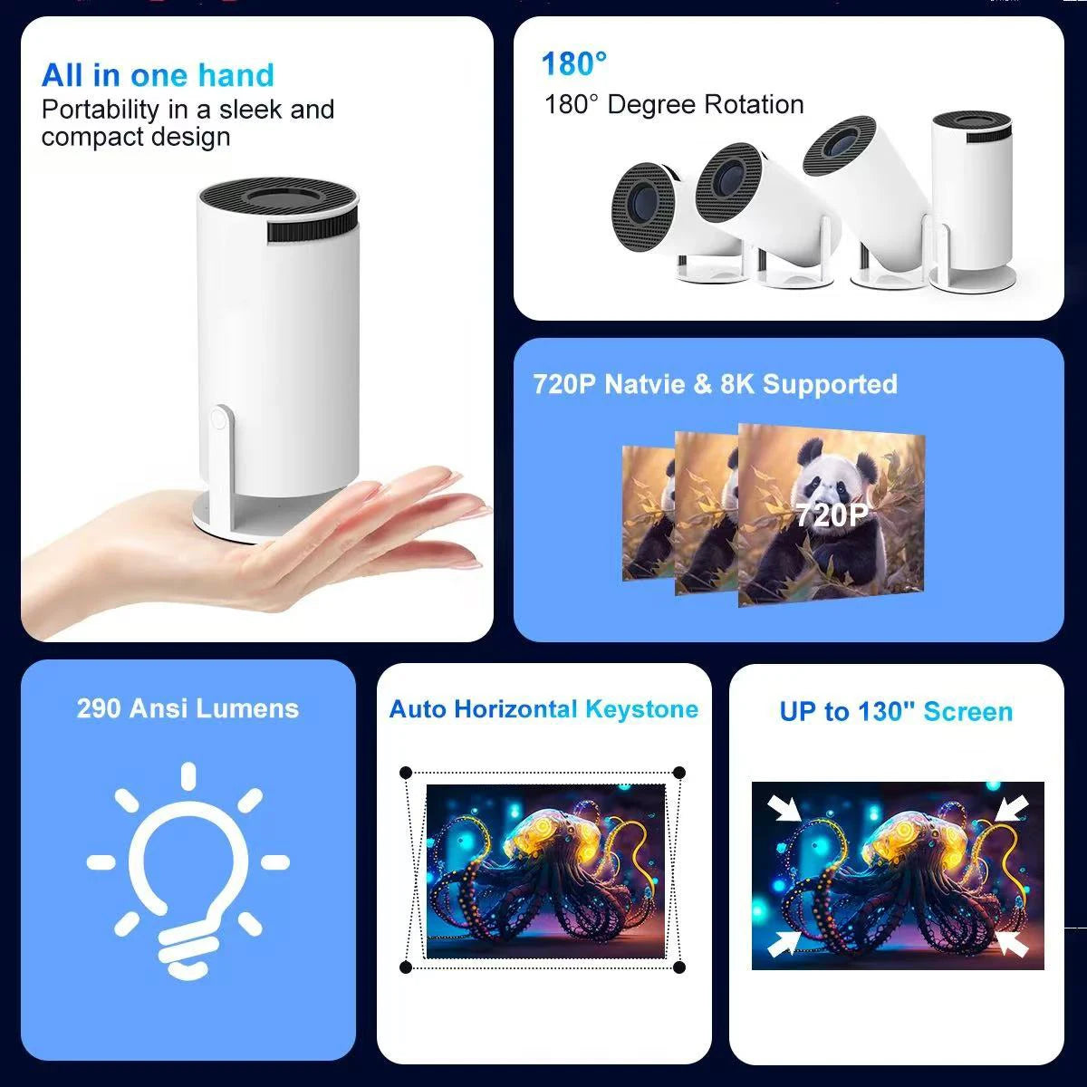 Projector 8K Wifi6 Projector 290ANSI Android 11 Dual WIFI Allwinner H713 BT5.0 1280*720P Home Cinema Outdoor portable HY300 Pro