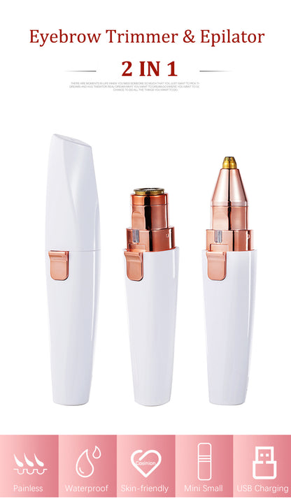 2 IN 1 Rechargeable Epilator Electric Eyebrow Trimmer Female Body Facial Lipstick Shape Hair Removal Mini Painless Razor Shaver