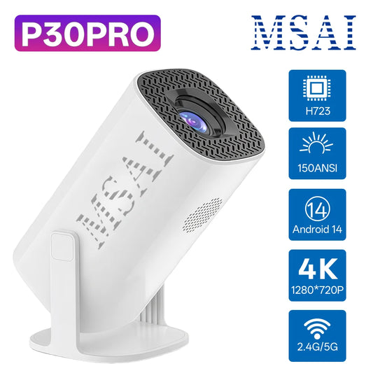 MSAI P30Pro Projector with Home Android14 WiFi6 BT5.0 720P 4K 30fps Decoding 4-Point Keystone 40-120 Inch 25dB for Outdoor