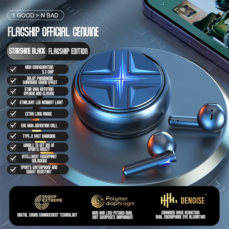 Soleeanre Wireless Headphones Earphone Sports Headset Aluminum Starring Ring Metal Alloy Gaming Earbuds Starburst Light Effect