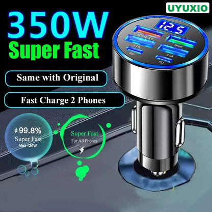 UYUXIO USB C Car Charger Adapter with Voltage Display 6 in 1 Super Fast in Car for iPhone 16 15 Pro Max Samsung Android Phone