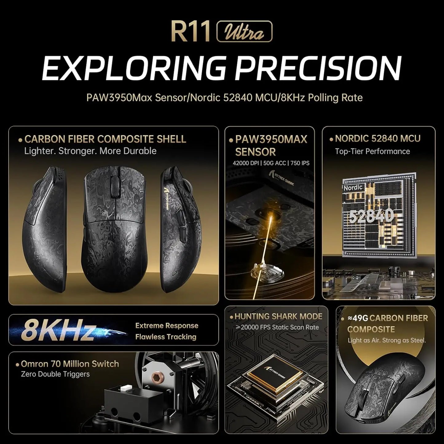 ATTACK SHARK R11 ULTRA 49g Carbon Fiber 8000Hz Wireless Gaming Mouse, 42000 DPI, 20000 FPS, PAW3950MAX, Nordic 52840 Chip