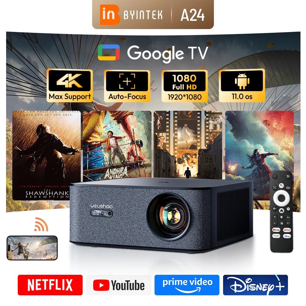 VEVSHAO A24 Projector 4K Full HD 1080P 1700ANSI Smart Home Theater Projector for Office Meeting Video