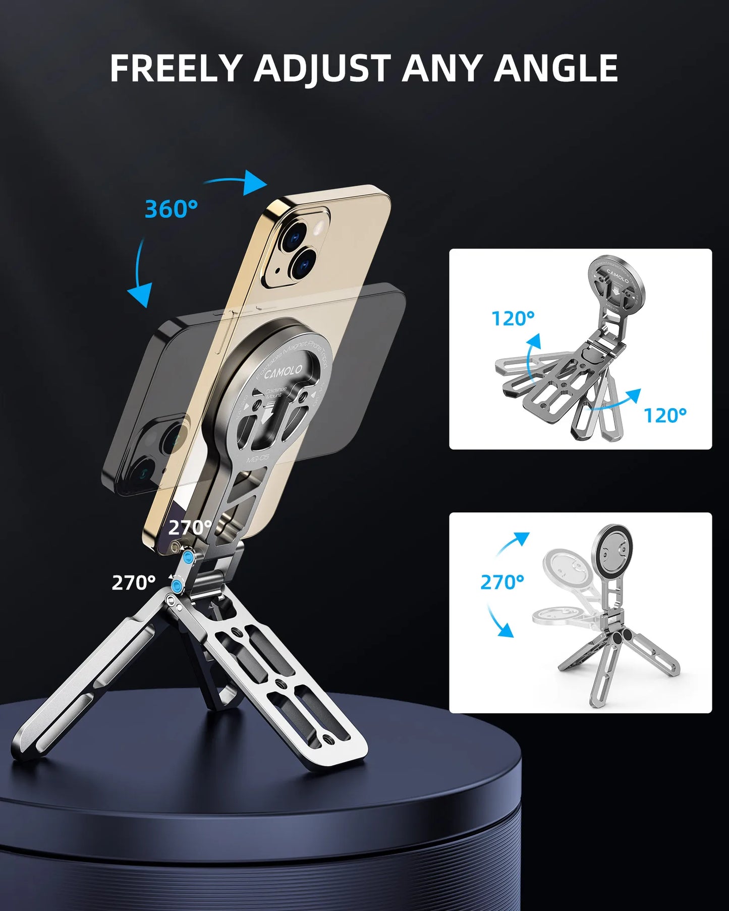 for Magsafe Tripod Magnetic Phone Holder for iPhone HUAWEI Foldable Desktop Phone Mount w/ Arca-Swiss Cold Shoe for Phone Vlog