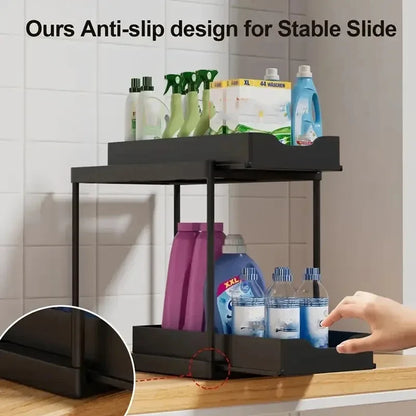 Under Sink Organizer 2 Tier Pull Out Drawer 5 Hooks Non-Slip Stable Multipurpose Rack for Kitchen & Bathroom