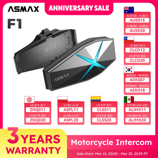 ASMAX F1 Bluetooth Motorcycle Intercom 10-Rider Group Communication, Voice Command, IP67 Waterproof, Hi-Fi Speakers, BT 5.3