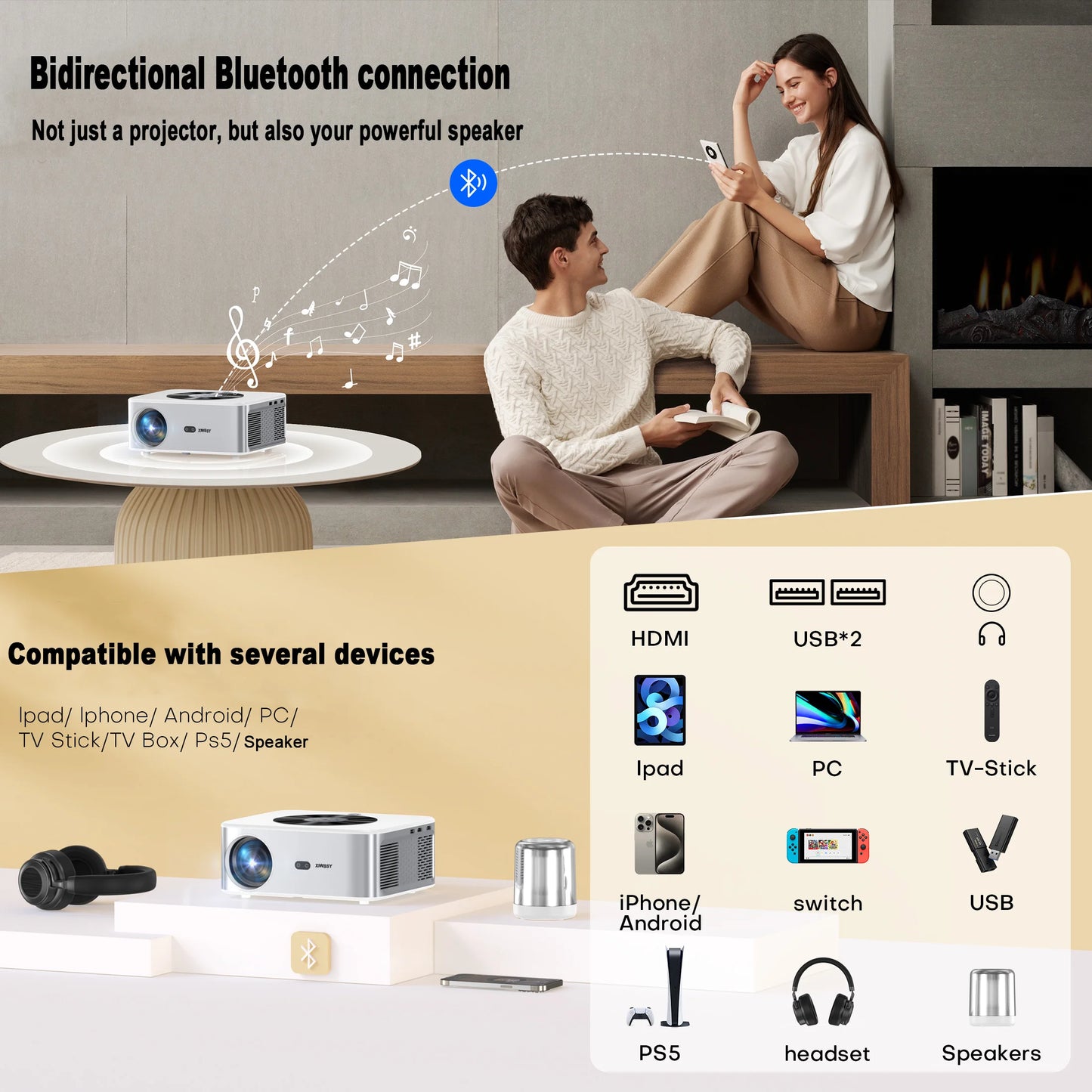 XIWBSY 1000Ansi AutoFocus Projector Bluetooth5.2 Android Projector 4K 8K Decode Video Audio Home Theater Portable Proyector