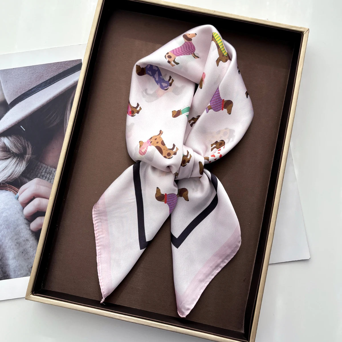Imitation Silk Scarves Bandanas Cotton Dog Printed Square Scarf For Women StylishLuxury Hijab Neckerchief Elegant Shawl Wraps