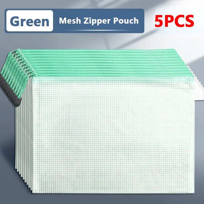 5PCS A3/A4/A5/A6 Mesh Zipper Pouch Document Bag Waterproof Zip File Folders Pencil Case Storage Bags School Office Supplies
