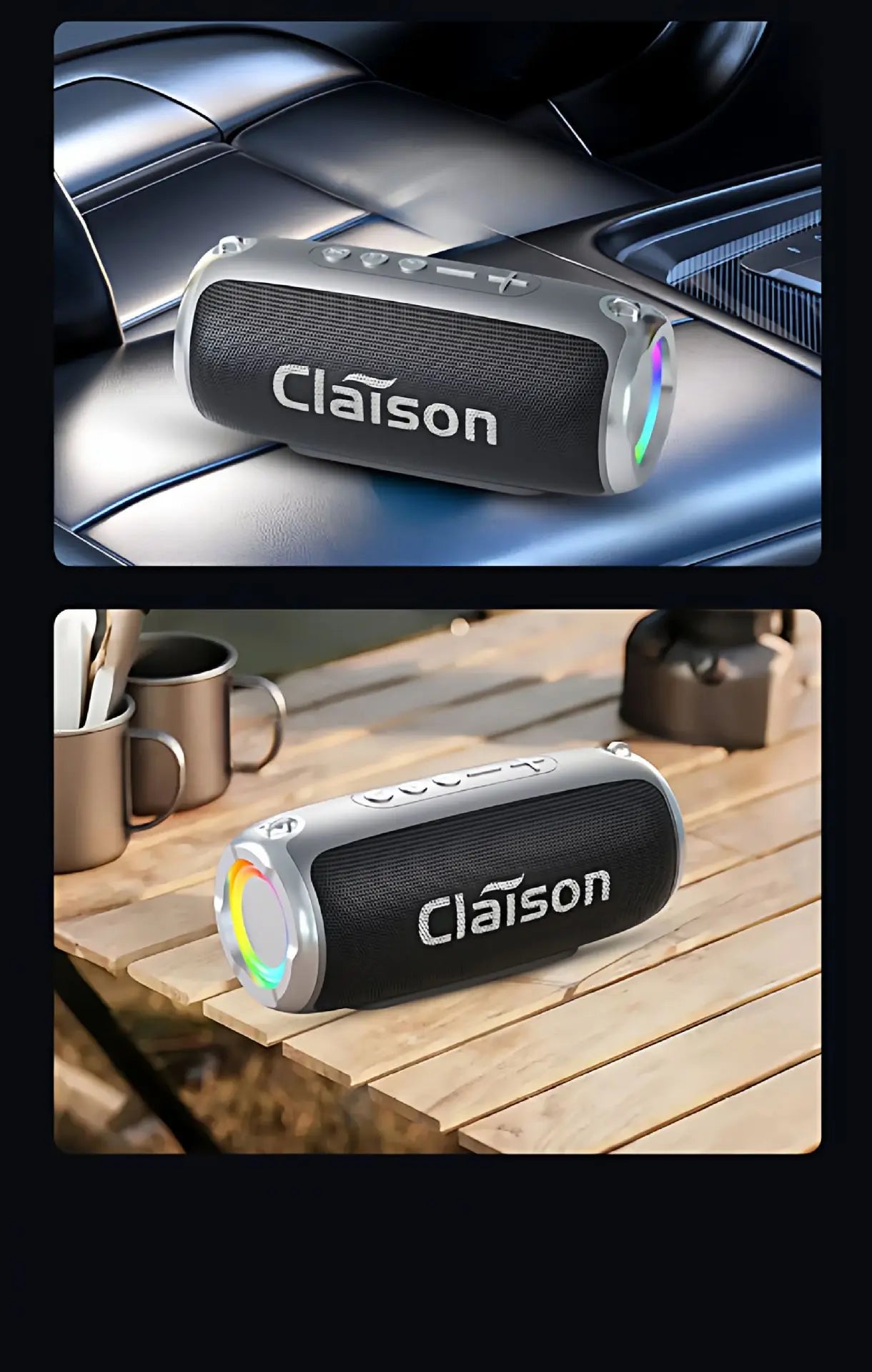 Portable Waterproof Bluetooth Speaker with Bass Stereo Sound LED Light Wireless Outdoor Speaker