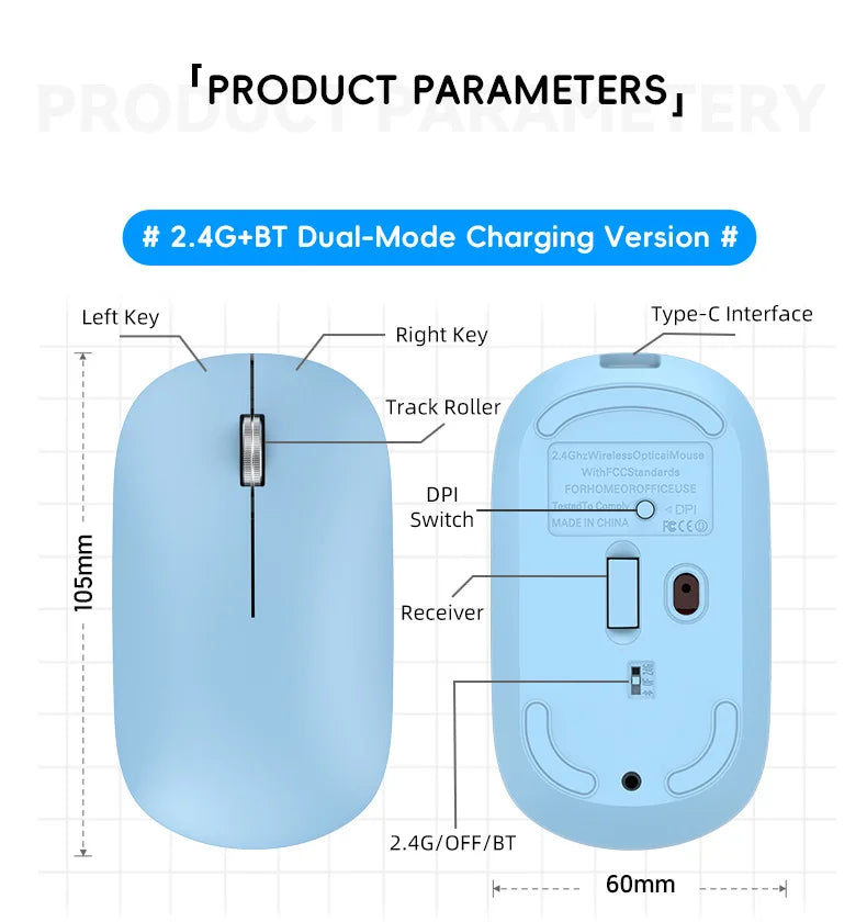 2.4Ghz Bluetooth Wireless Mouse Dual Mode Rechargeable Ergonomic Rechargeable Mice Gaming Mouse for PC/Laptop/Macbook