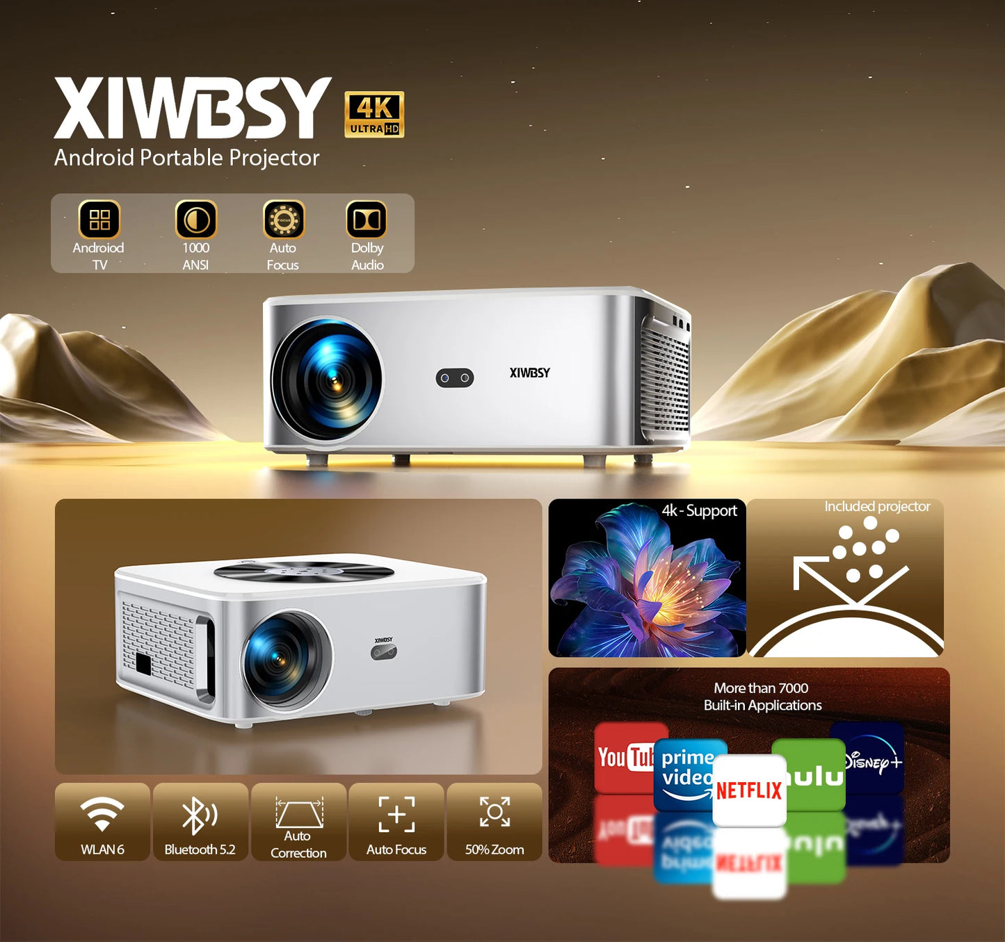 XIWBSY 1000Ansi AutoFocus Projector Bluetooth5.2 Android Projector 4K 8K Decode Video Audio Home Theater Portable Proyector