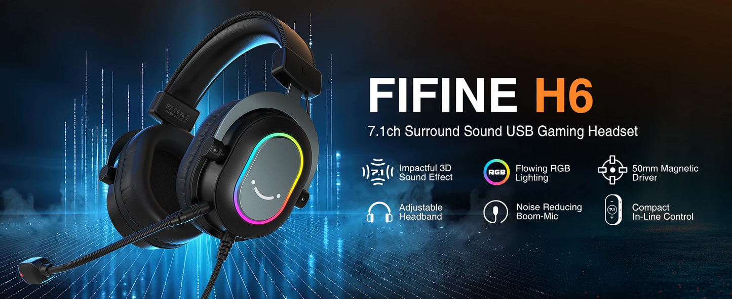 FIFINE USB Gaming Headset with 7.1 Surround Sound/Line Control/3EQ Mode,RGB Headphone with Mic,Plug and Play,for PC/PS5 -H6