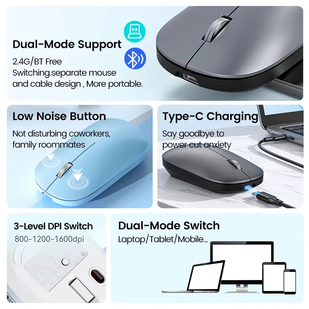 2.4Ghz Bluetooth Wireless Mouse Dual Mode Rechargeable Ergonomic Rechargeable Mice Gaming Mouse for PC/Laptop/Macbook