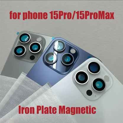 Back Cover Glass for Iphone 15Pro/15ProMax Replacement Door Housing with Iron Plate Magnetic Ring Repair Rear Glass