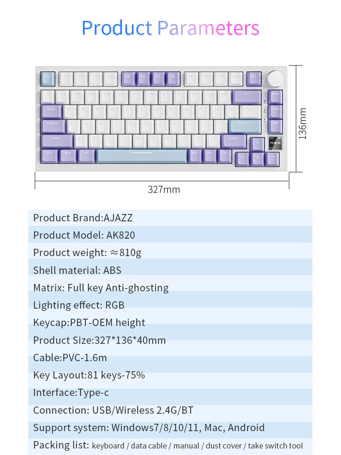 Ajazz AK820/AK820Pro Gaming Mechanical Keyboard Bluetooth 5.1/Wireless/wired  Custom Keyboard With Heat Exchange Sealed Button