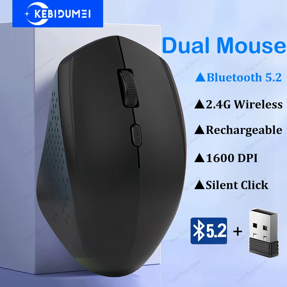 Dual-Mode Bluetooth 5.2 Mouse 2.4G Wireless Mouse Office Silent Mouse Rechargeable Gaming Mouse 1600DPI Mice For Laptop Computer