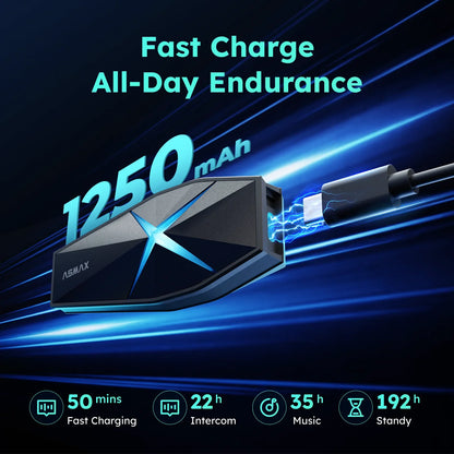 ASMAX F1 Bluetooth Motorcycle Intercom 10-Rider Group Communication, Voice Command, IP67 Waterproof, Hi-Fi Speakers, BT 5.3