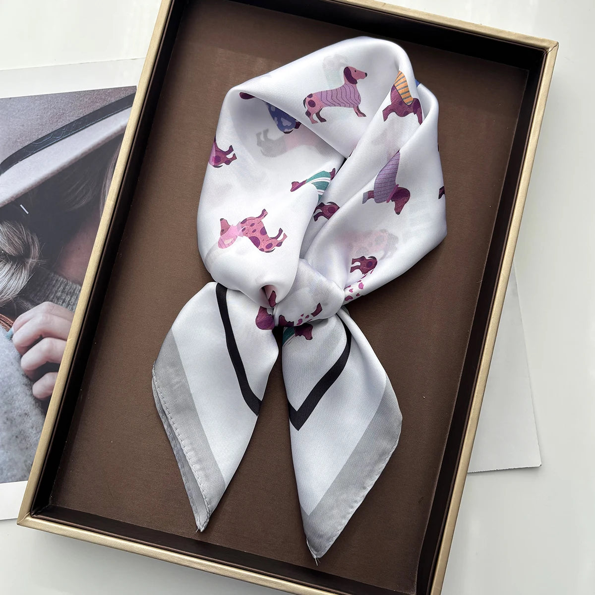 Imitation Silk Scarves Bandanas Cotton Dog Printed Square Scarf For Women StylishLuxury Hijab Neckerchief Elegant Shawl Wraps
