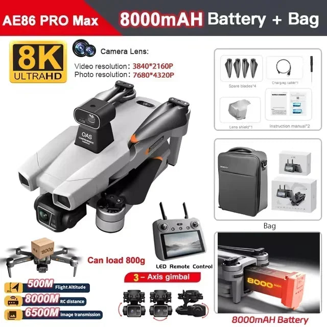 AE86 PRO MAX GPS Drone Professional 8K HD ESC Camera 5G FPV WiFi With 3-Axis Gimbal Flight 28 Minute Brushless RC Quadcopter 8KM