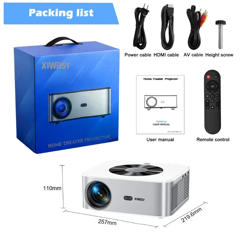 XIWBSY 1000Ansi AutoFocus Projector Bluetooth5.2 Android Projector 4K 8K Decode Video Audio Home Theater Portable Proyector