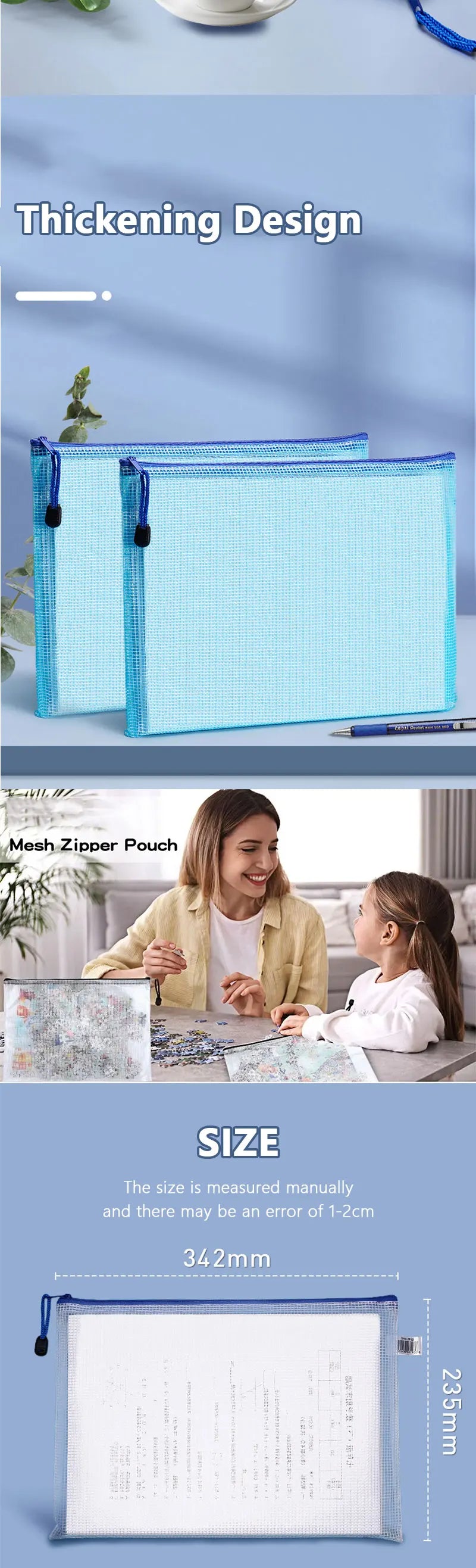 5PCS A3/A4/A5/A6 Mesh Zipper Pouch Document Bag Waterproof Zip File Folders Pencil Case Storage Bags School Office Supplies