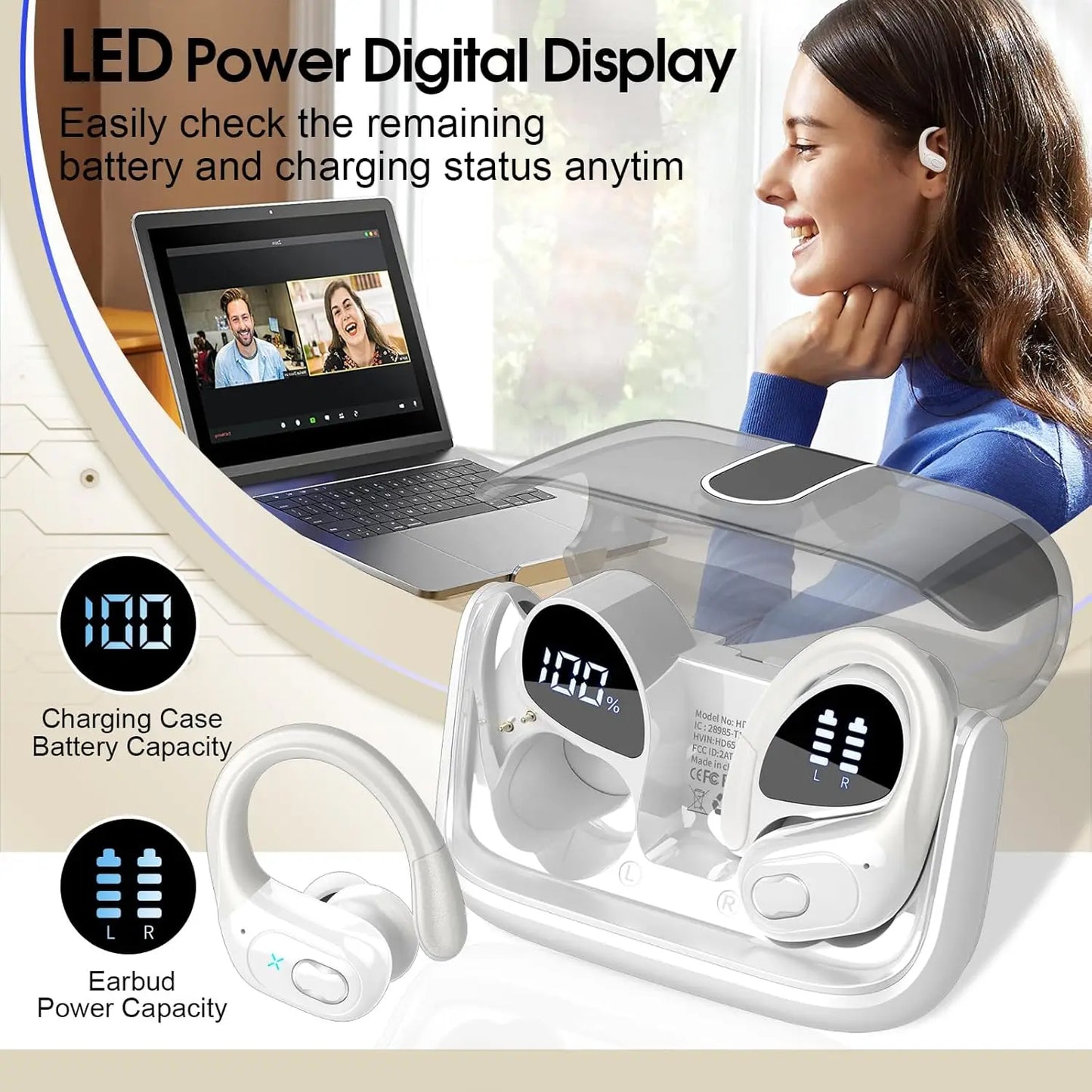 Original GDLYL HD65 Sports Wireless Earphones with Mics, LED Power Display, Hifi Stereo Sound Bluetooth 5.4 TWS HeadphHeadphones