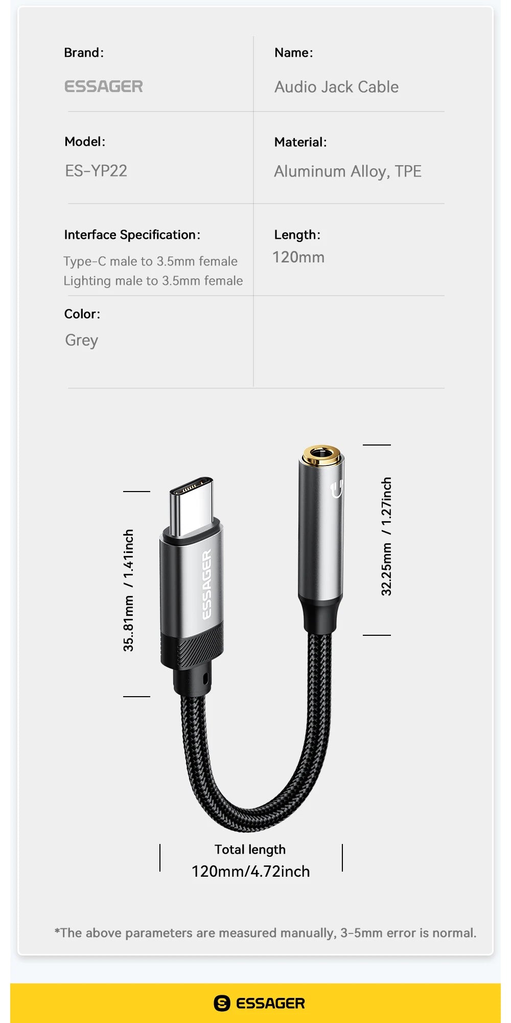 Essager Lightning to 3.5mm jack Audio Adapter Headphone Aux Cable USB Type C to 3.5 Adapter OTG Type C For iphone Xiaomi Oneplus