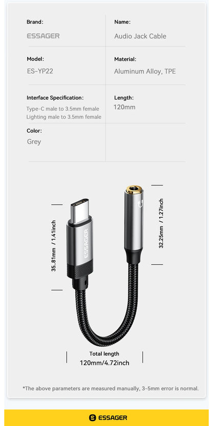 Essager Lightning to 3.5mm jack Audio Adapter Headphone Aux Cable USB Type C to 3.5 Adapter OTG Type C For iphone Xiaomi Oneplus