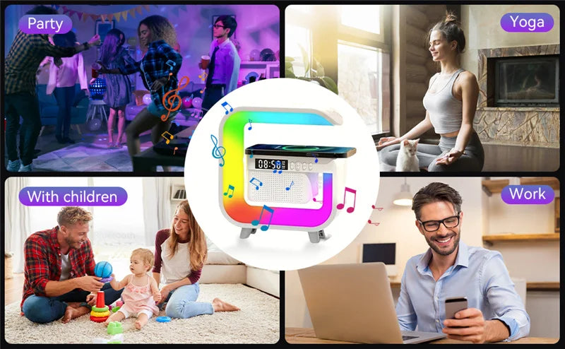 FM TF Bluetooth Speaker Phone Wireless Charger RGB Light for iPhone 16~12 Samsung Xiaomi Fast Charging Home Portable Speakers