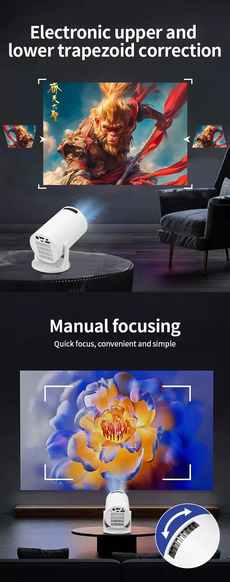 HY300 Pro+ 8K Supported 720P Projector: Android 14, 8000 Lumens, with WiFi 6, BT5.4, 5W Speaker for Outdoor & Home Theater