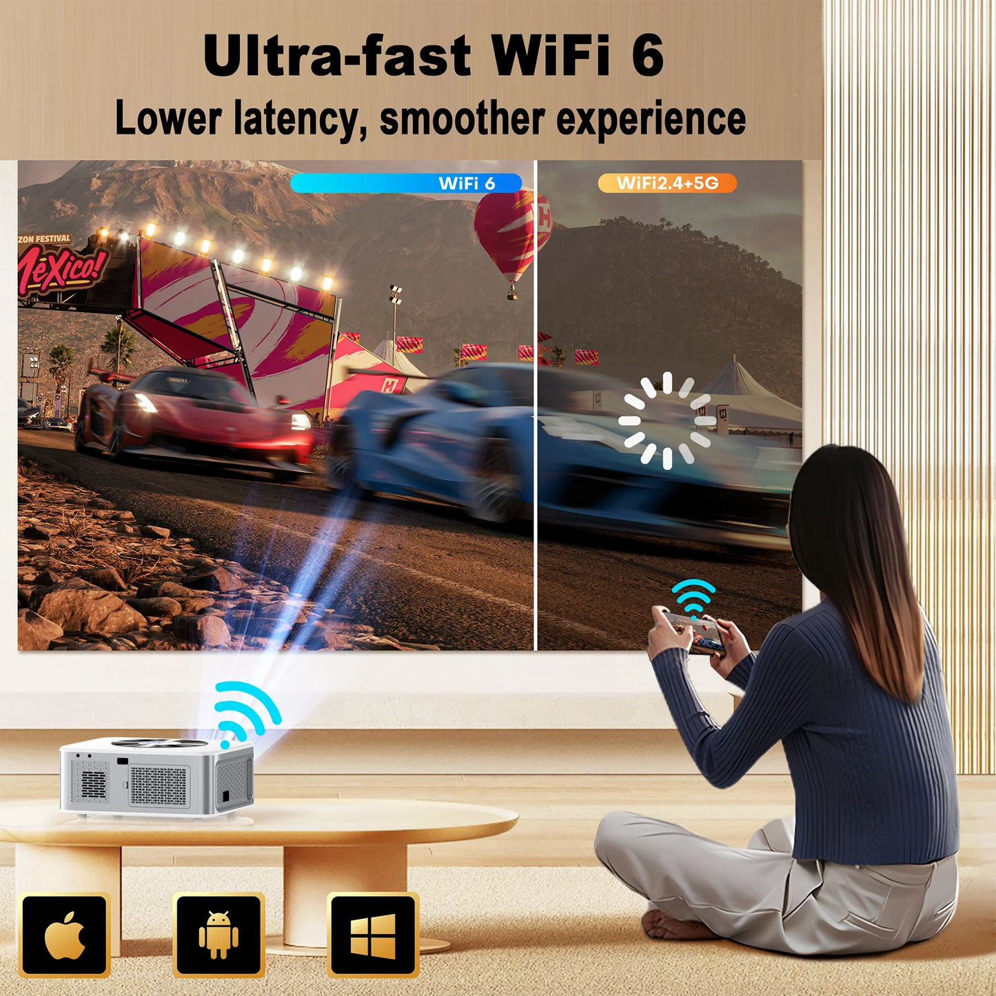 XIWBSY 1000Ansi AutoFocus Projector Bluetooth5.2 Android Projector 4K 8K Decode Video Audio Home Theater Portable Proyector