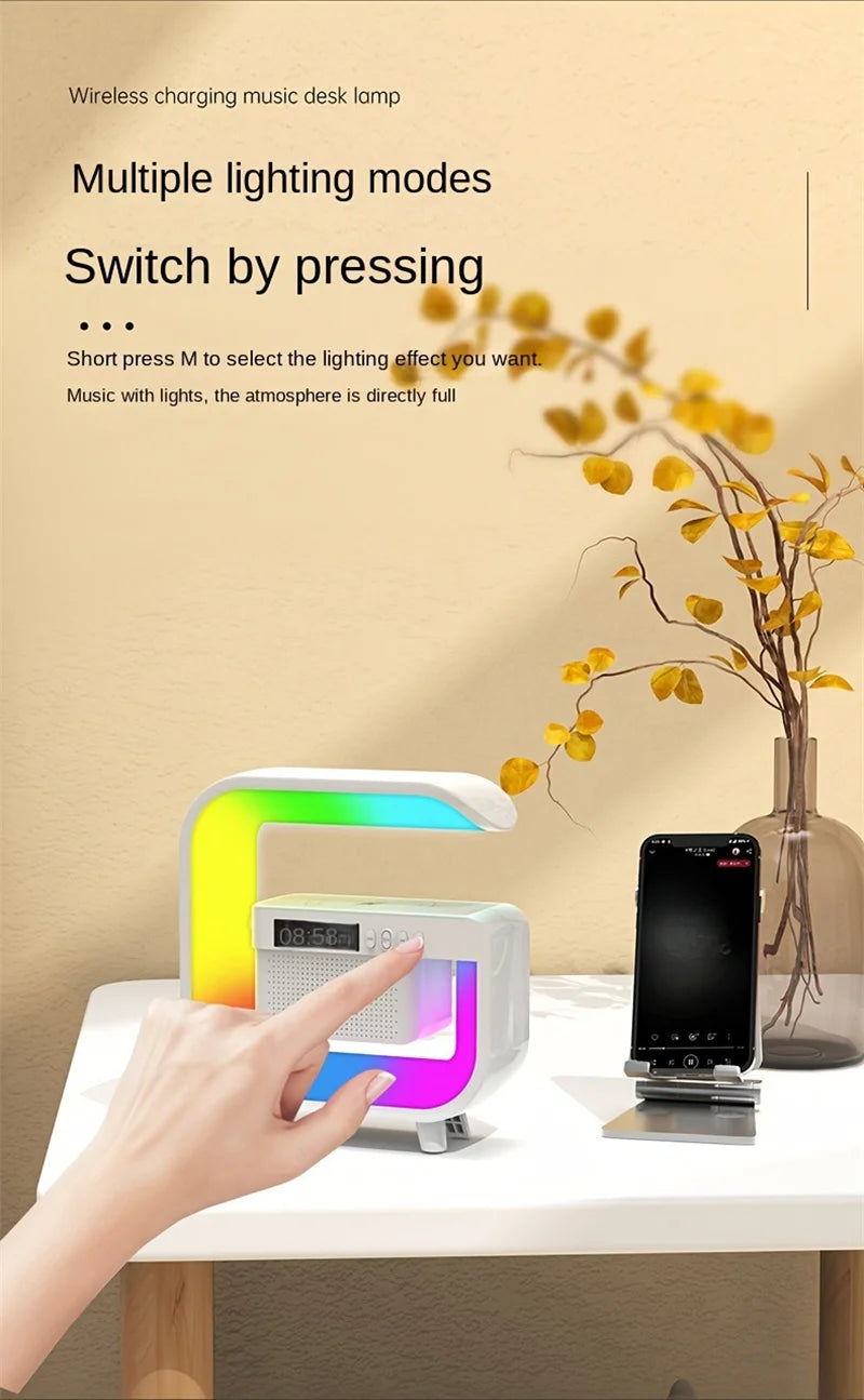 FM TF Bluetooth Speaker Phone Wireless Charger RGB Light for iPhone 16~12 Samsung Xiaomi Fast Charging Home Portable Speakers