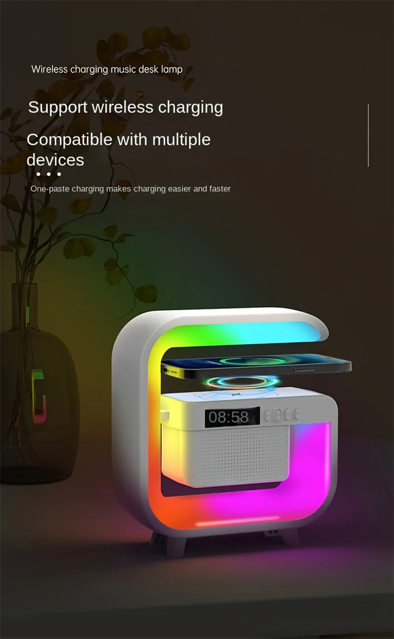 FM TF Bluetooth Speaker Phone Wireless Charger RGB Light for iPhone 16~12 Samsung Xiaomi Fast Charging Home Portable Speakers