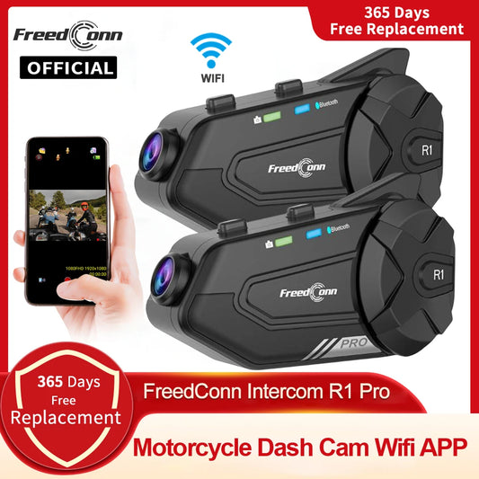 Motorcycle Intercom Helmet Bluetooth Headset Group Speaker Headphone WiFi App Freedconn R1Pro Motorbike Dash Cam Moto Auto Dvr