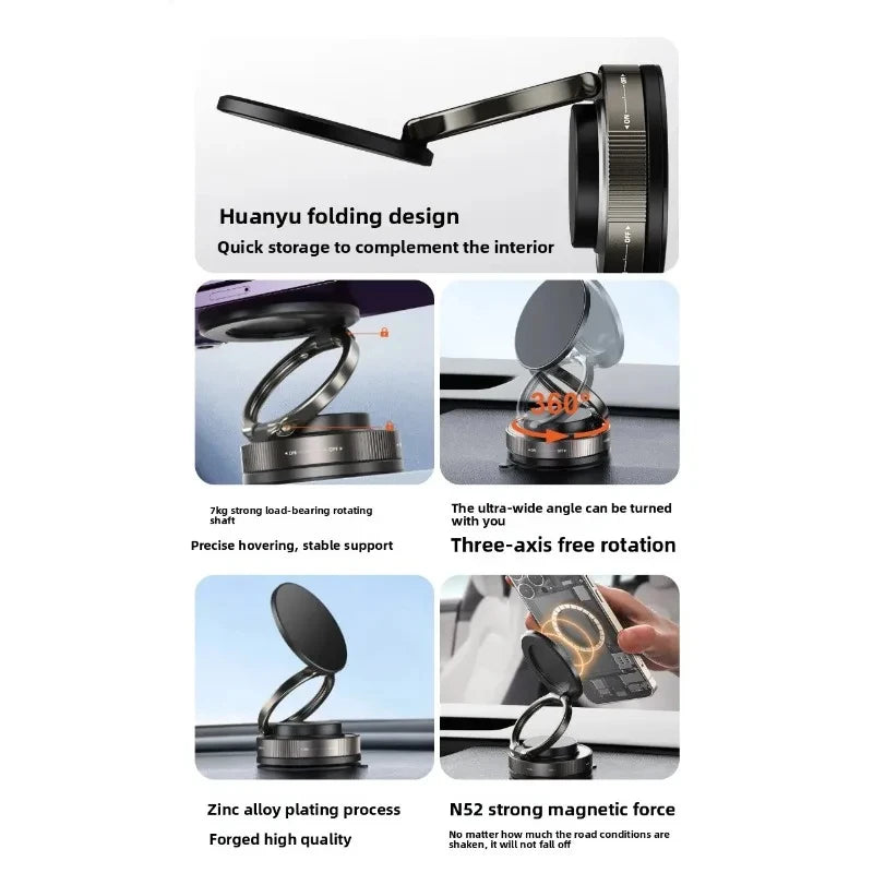 Vacuum Magnetic Phone Bracket 360 Adjustment Double Side Suction Cup Strong Magnet Suction Foldable Navigation Car Holder