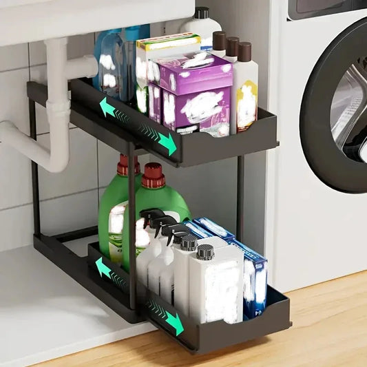 Double-Layer Pull-Out Kitchen Storage Rack, Non-Slip Stable Organizer with 5 Hooks, Under-Sink Double Drawer Design