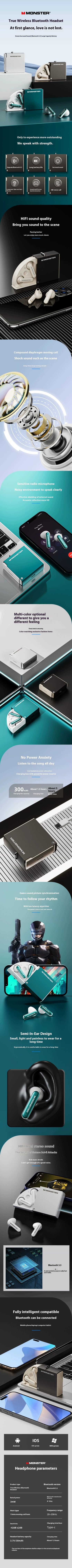 Monster Airmars XKT17 TWS Wireless Earbuds Gaming In-ear Headphones ENC Earphones Auriculares Low Latency Blue Tooth Headset