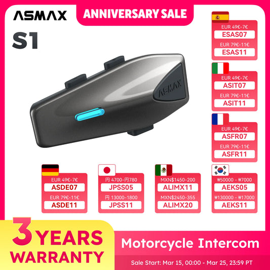 ASMAX S1 Bluetooth Motorcycle Intercom 8 Riders Communication Headset with FM & ENC Mic, Voice Control, IPX7 Waterproof