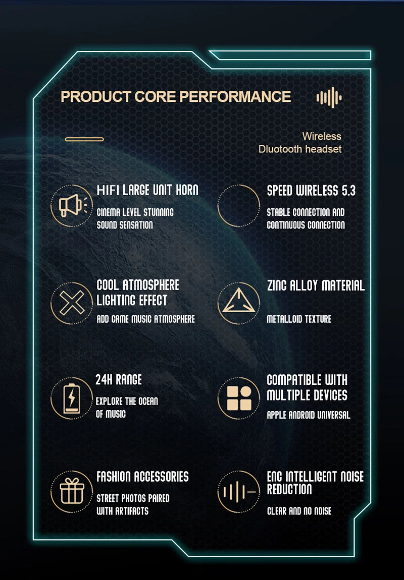 Soleeanre Wireless Headphones Earphone Sports Headset Aluminum Starring Ring Metal Alloy Gaming Earbuds Starburst Light Effect